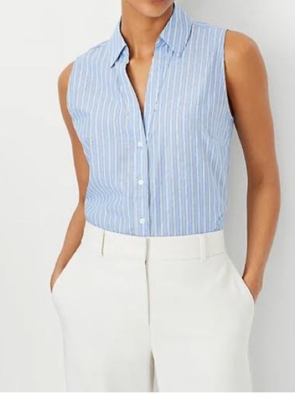 ANN TAYLOR sleeveless blouse shirt 14P NWOT blue white stripe stretch v-neck